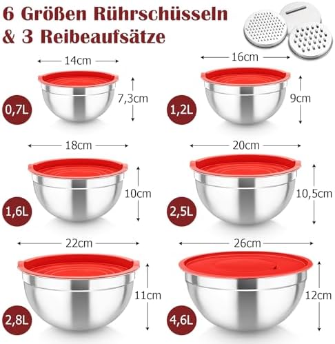 TEAMFAR Rührschüssel Set 6 Stück aus Edelstahl mit Deckel, luftdicht & stapelbar für die Küche, inkl. 3 Reibenaufsätzen