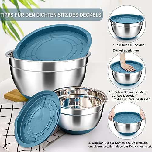 TEAMFAR Rührschüssel Set 6 Stück aus Edelstahl mit Deckel, luftdicht & stapelbar für die Küche, inkl. 3 Reibenaufsätzen