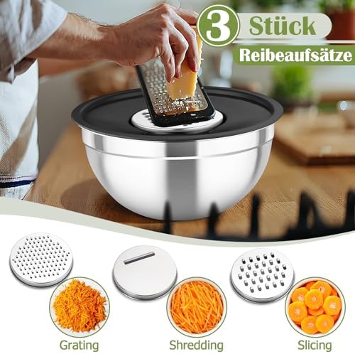 TEAMFAR Rührschüssel Set 6 Stück aus Edelstahl mit Deckel, luftdicht & stapelbar für die Küche, inkl. 3 Reibenaufsätzen