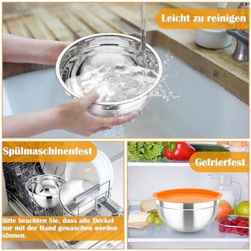 TEAMFAR Rührschüssel Set 6 Stück aus Edelstahl mit Deckel, luftdicht & stapelbar für die Küche, inkl. 3 Reibenaufsätzen