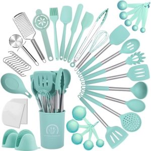 Küchenhelfer Set | 43-teiliges Silikon Kochlöffel Set mit Edelstahlgriff für müheloses Kochen – Spülmaschinenfest (grün)